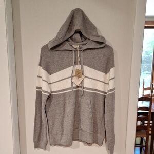 Faherty Striped Gray and White Hooded Knit Sweater